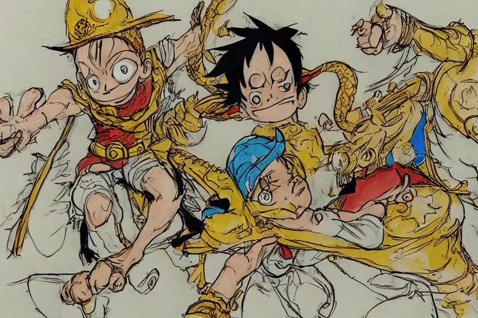 Prompt: concept sketches of luffy wearing a gold crown riding a large dragon by jamie hewlett, in the style of megaman