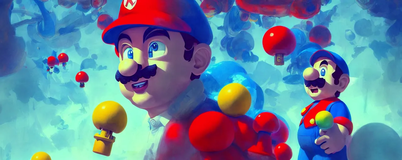 Image similar to duotone red blue illustration 3 / 4 portrait of realistic super mario is having psychedelic trip on magic mushrooms composition accidental renaissance golden ratio. by sachin teng and sergey kolesov and ruan jia and heng z. graffiti art, scifi, fantasy, hyper detailed. octane render. concept art. trending on artstation