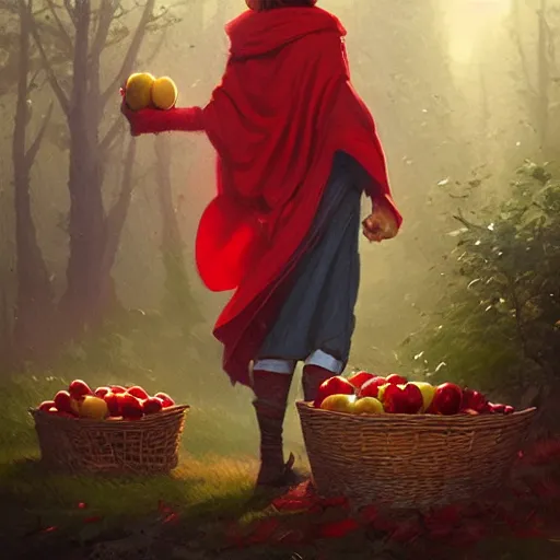 Prompt: a girl with a red cloak holding a basket full of apples, by Jordan Grimmer and greg rutkowski, crisp lines and color,
