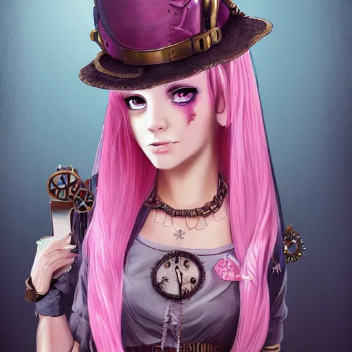 Prompt: a pink hair girl dressed with inspirations from steampunk style, high detailed, digital art, trending on artstation, devianart, cgsociety