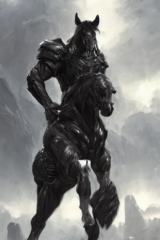 Image similar to an enormously muscular black - coated anthro horse wearing skintight armor, long white mane, high - tech facility background, highly detailed, digital painting, artstation, concept art, illustration, art by artgerm, greg rutkowski, wlop