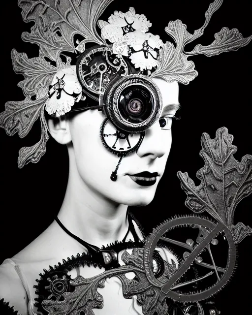 Prompt: black and white masterpiece profile portrait painting, dutch masters, silver lace floral steampunk biomechanical beautiful one techno eye young female cyborg, big monocular, volumetric light, leaves foliage and stems, hibiscus flowers, by cecile beaton, rim light, big gothic fashion pearl embroidered collar, 8 k