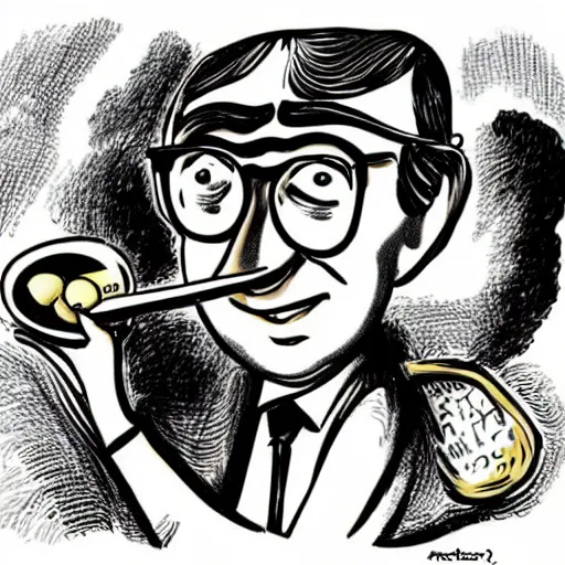 Prompt: woody allen kissing a large spoon, caricature, mad magazine, by mort drucker