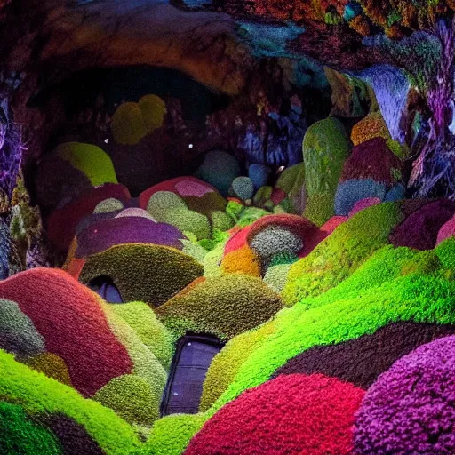 Prompt: a colorful fungus garden in a cave, birds eye view, hiroo isono, dark, foggy, cavern, underground!!!!, beetles running through the moss, psychedelic, river running through it