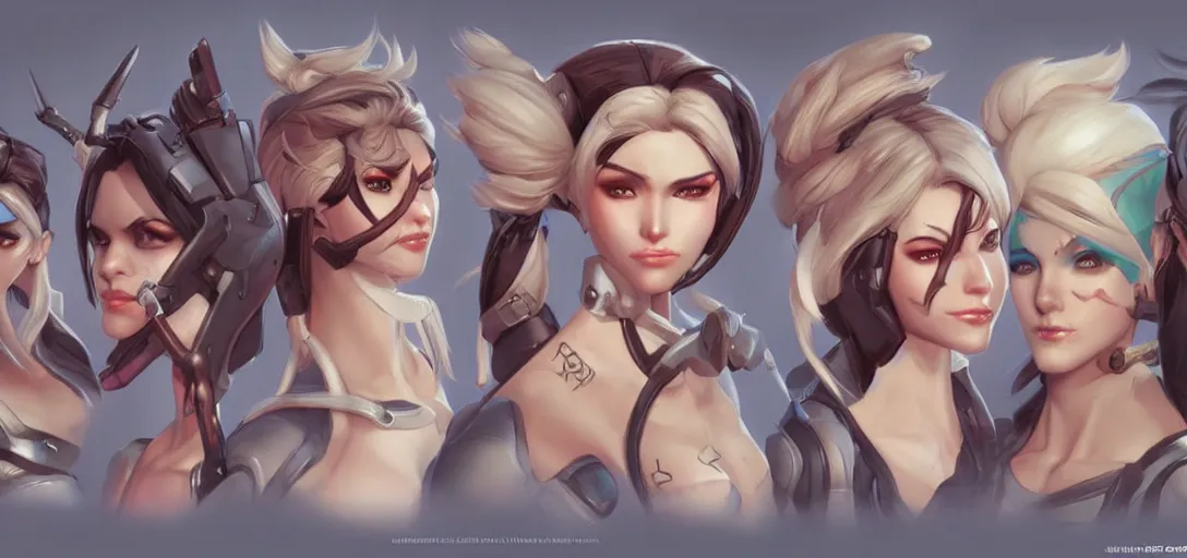 Image similar to concept art of female video game characters head designs, overwatch by marc brunet and artgerm