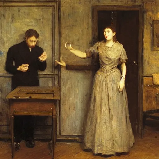 Image similar to a young man and a young woman solving an escape room puzzle, mysterious markings on the wall, by alfred stevens