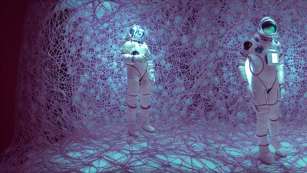 Image similar to a cybernetic symbiosis of a single astronaut eva suit made of pearlescent wearing knitted yarn thread infected with diamond 3d fractal lace iridescent bubble 3d skin covered with stalks of insectoid compound eye camera lenses floats through the living room, film still from the movie directed by Denis Villeneuve with art direction by Salvador Dalí, wide lens,