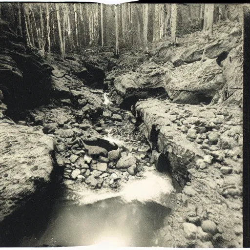 Prompt: a deep dark hole in the ground with rushing water at the bottom, creepy, eerie, unsettling, terrifying, jagged rocks, dark, old polaroid, expired film,