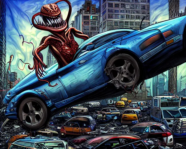 Prompt: A realistic Venom standing on top of a wrecked car in the city, open arms art by Gerardo Sandoval, Ultra detailed, hyper realistic, cinematic lighting