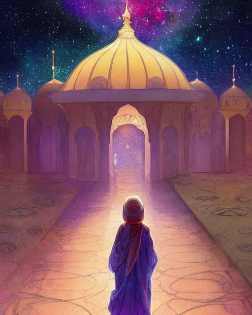 Image similar to bedouin child praying in galaxy walking towards mosque surrounded by nebula, highly detailed, gold filigree, romantic storybook fantasy, soft cinematic lighting, award, disney concept art watercolor illustration by mandy jurgens and alphonse mucha and alena aenami, pastel color palette, featured on artstation