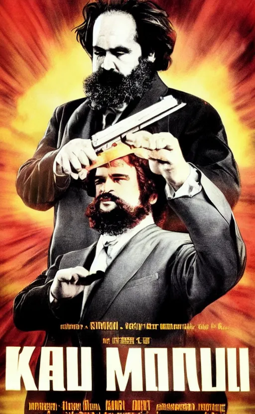 Image similar to full 70s action movie poster with Karl Marx in kung fu pose, drawing 4k, grainy picture cinematic dramatic light