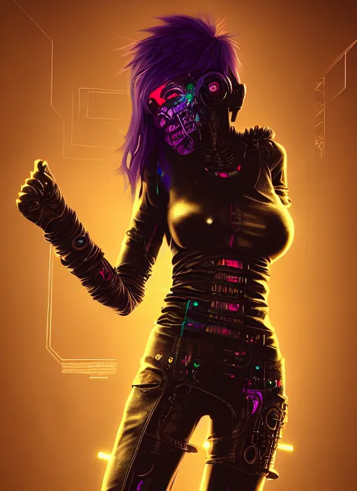 Image similar to soft lustrous full body ebony biotech raver gutter punk cyberpunk, golden ratio, details, scifi, fantasy, cyberpunk, intricate, decadent, highly detailed, digital painting, octane render, artstation, concept art, smooth, sharp focus, illustration, art by artgerm, loish, wlop