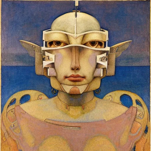 Prompt: the robot queen wearing her bird mask, by annie swynnerton and diego rivera and elihu vedder and jean delville, symbolist, dramatic lighting, elaborate geometric ornament, head and shoulders view, art brut, soft cool colors, smooth, sharp focus, extremely detailed, adolf wolfli, leo and diane dillon, nicholas roerich