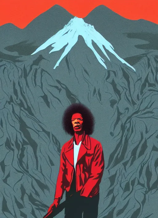 Prompt: Twin Peaks movie poster artwork by Michael Whelan and Tomer Hanuka, Rendering of Jimi Hendrix, is the school teacher in Twin Peaks, from a scene from Twin Peaks, clean, full of detail, Matte painting, trending on artstation and unreal engine