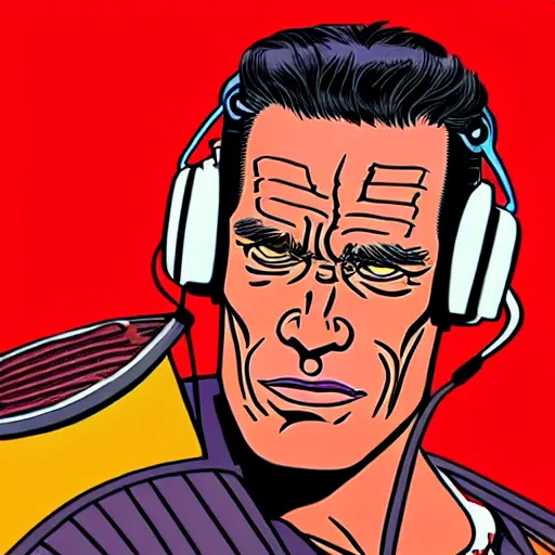 Image similar to drawn in the style of jean giraud!! arnold schwarzenegger wearing headphones and speaking into big microphone, podcast!