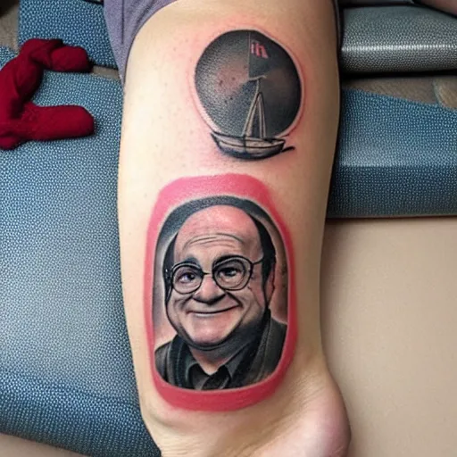 Image similar to tattoo of danny devito on leg