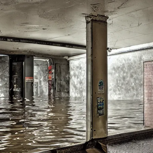 Prompt: A flooded old subway station. Muted colors, tearing wall paper.