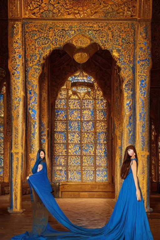 Prompt: a photo of a beautiful young Persian princess wearing a traditional blue dress, standing in a large empty hall, lit from above with vaulted ceilings and high windows. Photorealistic. Golden Hour. Long Shadows. Thick Atmosphere. Hyperreal. Hypermaximalist. Ornate. Intricate. Highly Detailed.