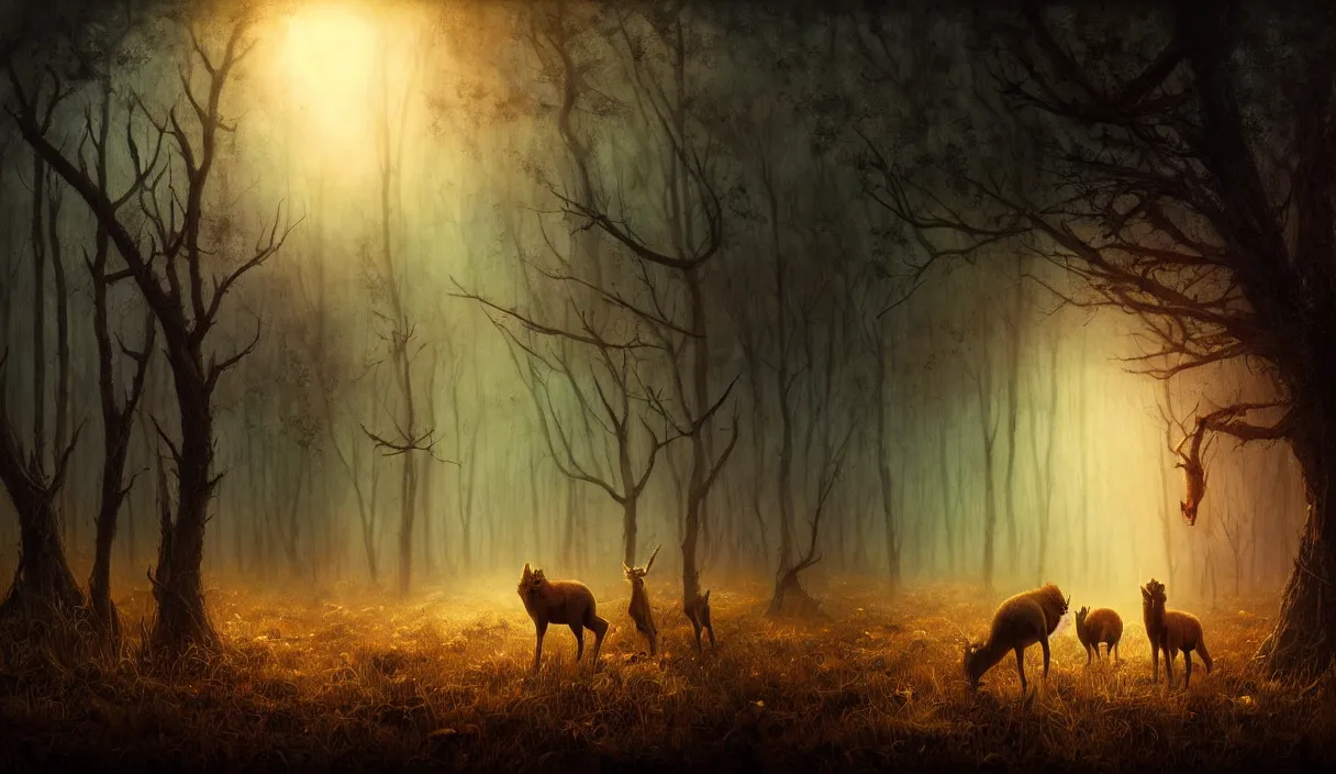 Image similar to epic professional digital art of hungry eyes, ambient golden light, painted, mysterious, cinematic prairie terrifying animals scene, eerie, mythic, detailed, intricate, grand, leesha hannigan, wayne haag, reyna rochin, ignacio fernandez rios, mark ryden, van herpen, artstation, cgsociety, epic, stunning, gorgeous, wow wow detail