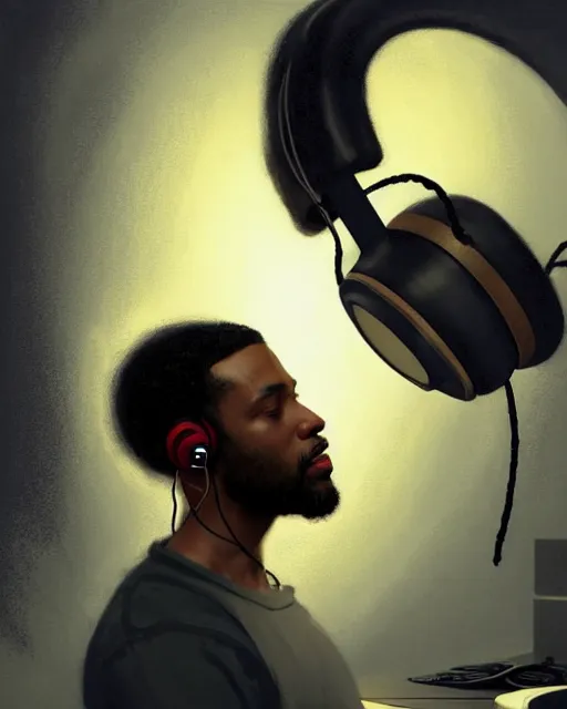 Image similar to light skin black man with headphones at his home studio producing music late at night, very detailed, 4 k, concept art like ernest khalimov, intricate details, highly detailed by greg rutkowski, ilya kuvshinov, gaston bussiere, craig mullins, simon bisley