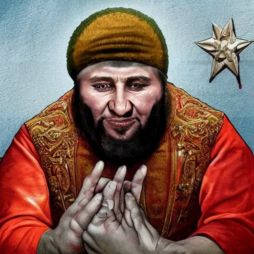 Prompt: ramzan kadyrov became bloody ugly puppet of putin, photo - realistic, color image, 2 k, highly detailed, bodyhorror, occult art