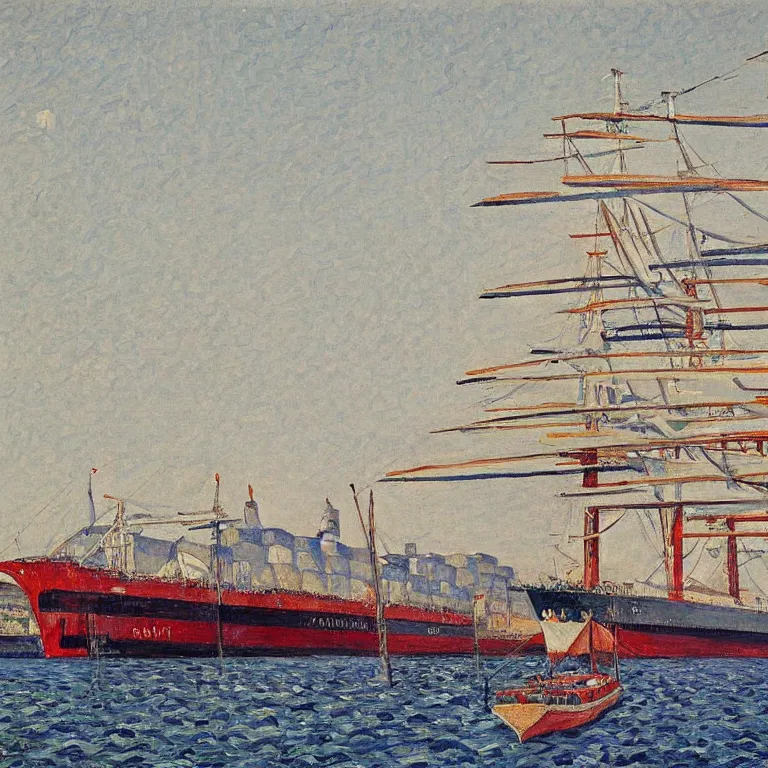 Image similar to a master gouache painting of a big ship docked at the harbor, central composition, shape obvious, sharp focus, very detaied, by gustave caillebottet