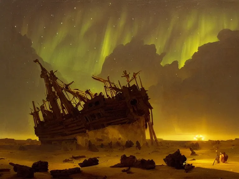 Prompt: an oil painting of an ancient shipwreck in the middle of an alien desert at dusk, aurora and stars light up the sky by carl spitzweg and tuomas korpi. baroque elements, full-length view. baroque element. intricate artwork by caravaggio. Trending on artstation. 8k