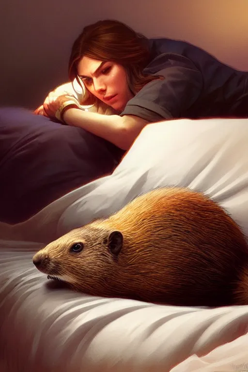 Image similar to drug addicted groundhog lies on the bed, realistic portrait, highly detailed, digital painting, artstation, concept art, smooth, sharp focus, illustration, cinematic lighting, art by artgerm and greg rutkowski and alphonse mucha