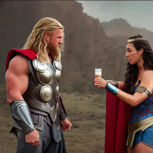 Prompt: cinematic film image of Thor and wonder woman having a beer, MCU, DCU, photo realistic, ultra detailed, trending on artstation, concept art, unreal engine render, 16k