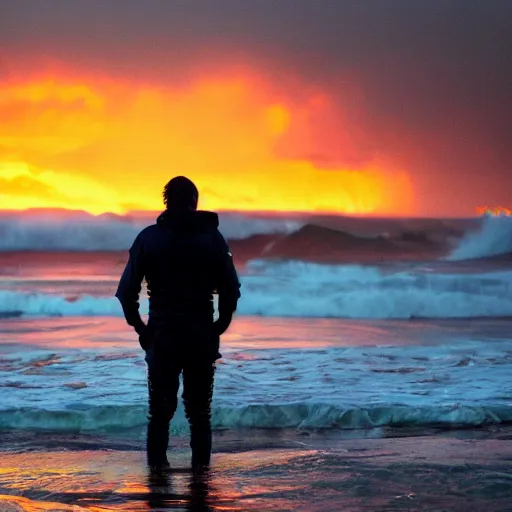 Image similar to the last man is standing hip deep in wild ocean waves with wild flashing neon lights in the sky