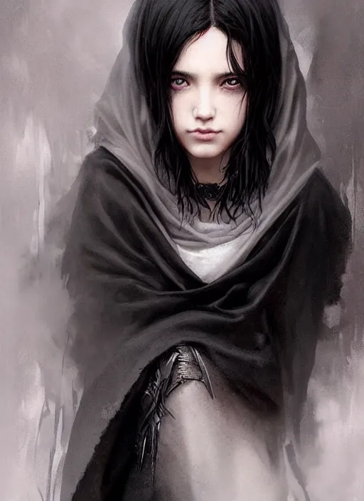 Image similar to a teenage girl with very short black hair and a huge cloak made of grey and black raven feathers. mist swirls around her. beautiful highly detailed face. beautiful painting by artgerm and greg rutkowski and raymond swanland