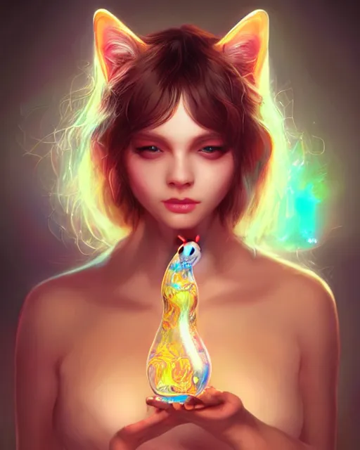 Image similar to cute woman cat chimera of iridescent liquid, alchemy, shiny plastic, intricate, bloom, detailed, volumetric lighting, sharp focus, photorealism, digital painting, highly detailed, concept art, by by artgerm and wlop