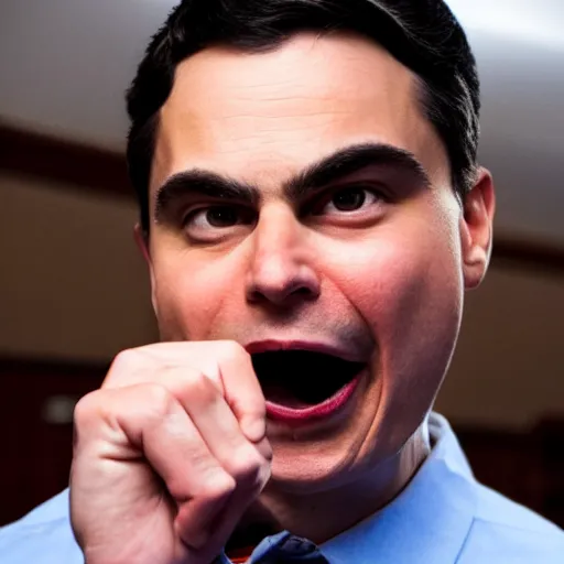 Image similar to ben shapiro sticking his entire fist in his mouth