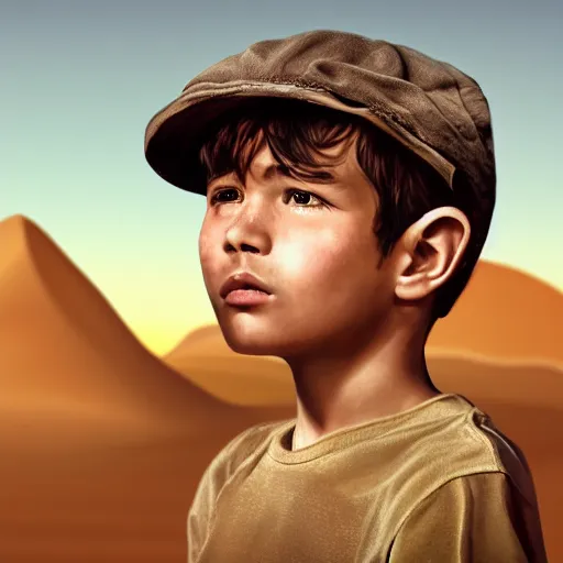 Image similar to a detailed portrait of a boy in the desert, art illustration, incredibly highly detailed and realistic, 8 k, sharp focus