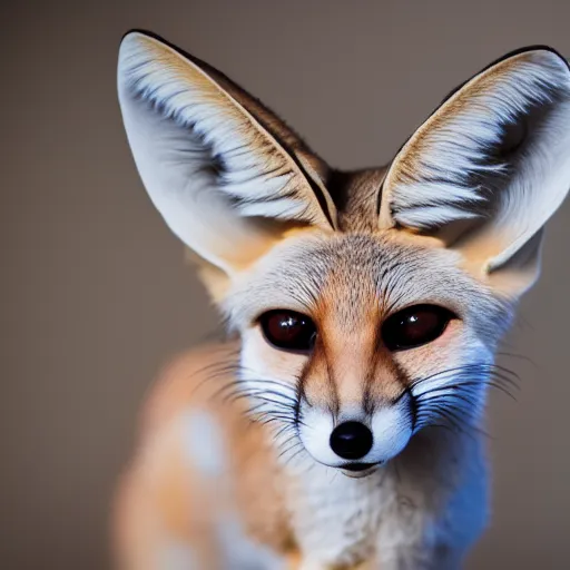 Prompt: a close up, studio colour photograph of a fennec fox, dramatic backlighting at golden hour, 4k