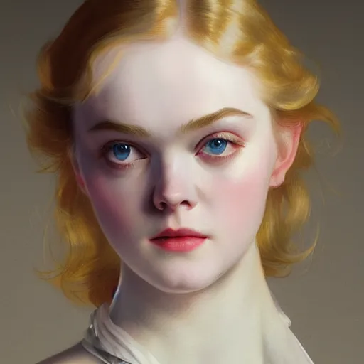 Image similar to Elle Fanning in a dark room, artstation, by J. C. Leyendecker and Peter Paul Rubens, Extremely detailed. 4K. Award winning.