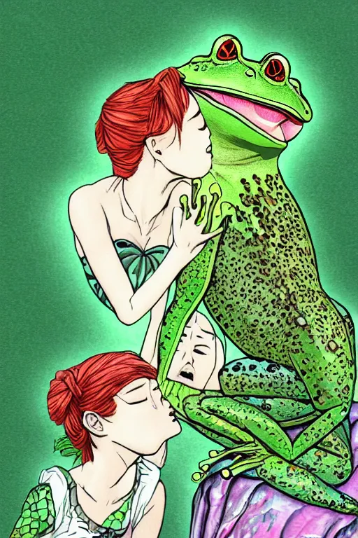 Prompt: frog prince kiss girl, realistic, art by tafy laplanche, colored by zeng fanzhi