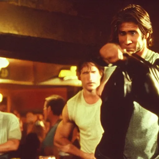 Image similar to cinestill of Jake Gyllenhaal as Patrick Swayze fighting men in a bar in the movie Road house