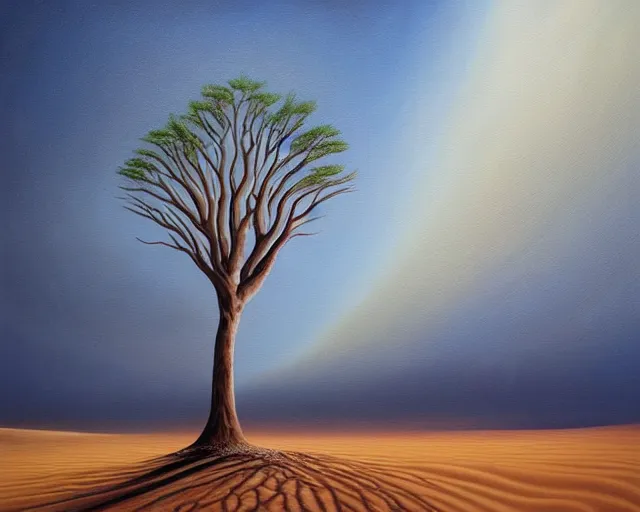 Image similar to a painting of a tree in the desert, an airbrush painting by breyten breytenbach, wavy sand pattern, cgsociety, neo - primitivism, airbrush art, dystopian art, apocalypse landscape