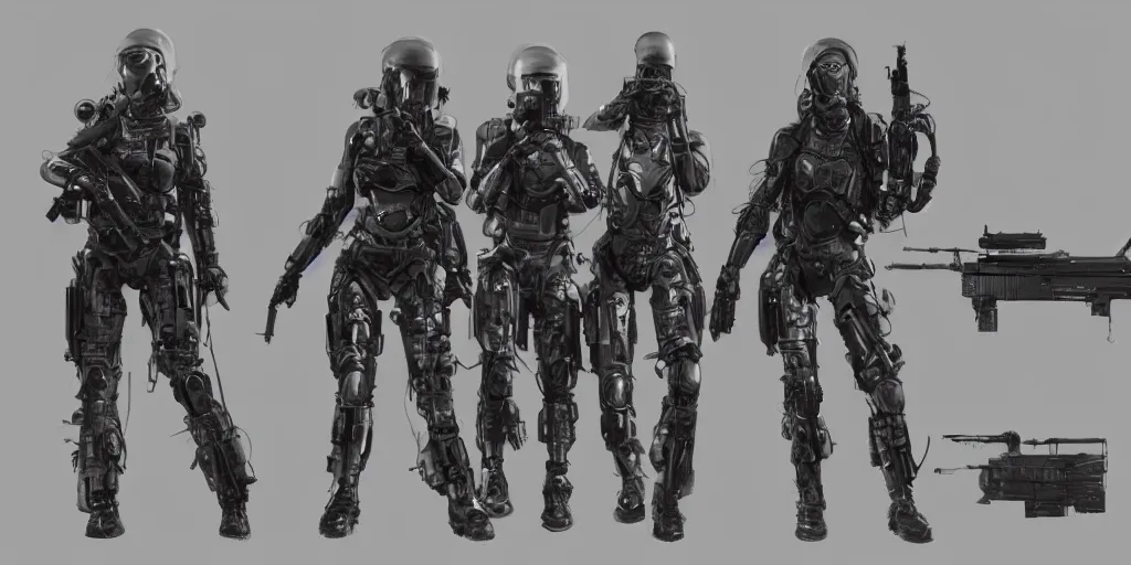 Prompt: female cybernetic special forces, by Maciej Kuciara, detailed, luminescent, armed