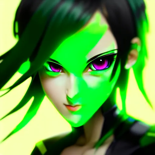 Image similar to a woman with dark green hair and glowing green eyes, anime, artstation, trending on artstation, high quality