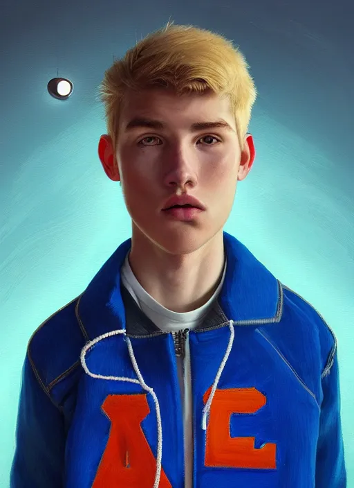 Image similar to portrait of high school senior boy named big moose, blonde short hair, jock, beefy, wide face, square jaw, square facial structure, blue varsity jacket with letter r, intricate, elegant, glowing lights, highly detailed, digital painting, artstation, concept art, sharp focus, illustration, art by wlop, mars ravelo and greg rutkowski