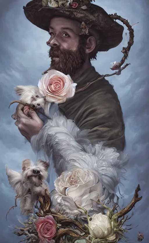 Prompt: a painting of a young bearded man holding a white rose and a stick, jester hat, small dog, a surrealist painting by marco mazzoni, peter mohrbacher, nychos, cgsociety, neo - figurative, detailed painting, rococo, bees, oil on canvas, birds seapunk, biomorphic lovecraftian