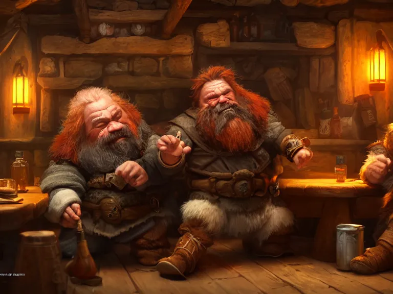 Prompt: Drunk Dwarf and his Bear start a fight at the Tavern, RPG Portrait, Oil Painting, Trending on Artstation, octane render, Insanely Detailed, 8k, HD