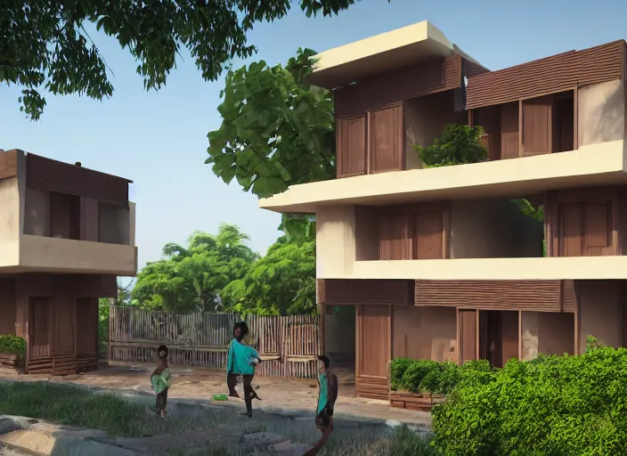 Image similar to low - cost housing designed by architect b v doshi, contemporary indian architecture style ; realistic, detailed, cel shaded, in the style of makoto shinkai and greg rutkowski and james gurney ; wide angle view 1 4 mm lens f 2 2 ; evermotion archexterior, vue render