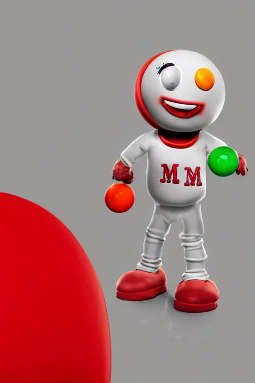 Prompt: a single red m & m candy with white arms and legs, a red sphere wearing a white baseball cap, eminem as a m & m candy standing on a floor covered with m & m candies, m & m candy dispenser, m & m plush!!!, unreal engine, studio lighting, unreal engine, volumetric lighting, artstation, professional food photography