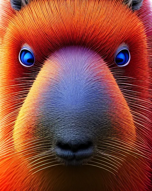 Image similar to vivid color portrait of funny giant cute eyes capybara, intricate abstract. intricate artwork, by tooth wu, wlop, beeple, dan mumford. concept art, octane render, trending on artstation, greg rutkowski very coherent symmetrical artwork. cinematic, key art, hyper realism, high detail, octane render, 8 k, iridescent accents