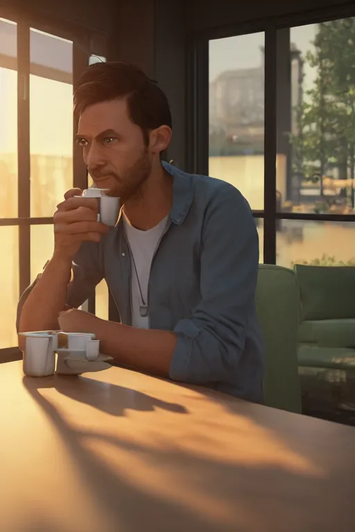 Image similar to a man sitting on a café table mext to a window and holding a cup of coffee at sunset, Pixar style, black hair, 4K, cartoon, concept art, octane render, unreal engine 5, path tracing, complementary colours, serene scene, warm, cute, natural lighting, high quality, highly detailed, high coherence, defined face, five fingers, anatomically correct, soft lighting, close view, digital art, trending on DeviantArt