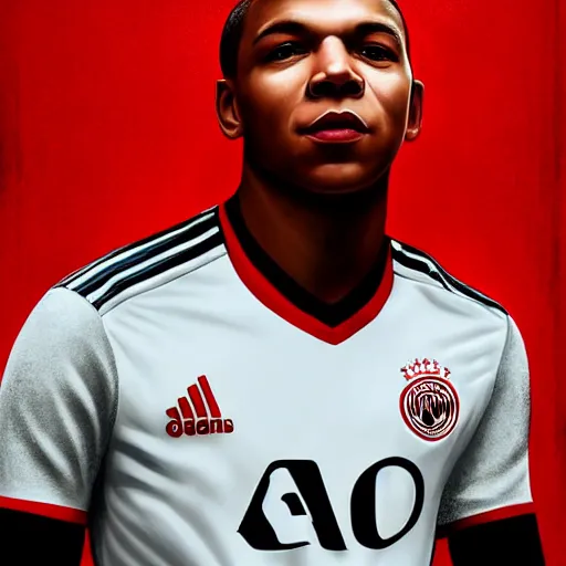 Prompt: portrait of mbappe wearing a ajax jersey, artwork by charlie bowater