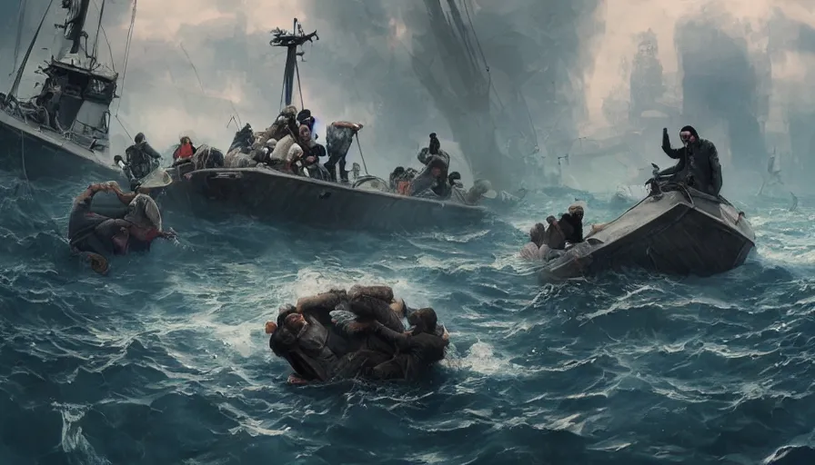 Image similar to people trying to survive sinking boat, movie poster, hyperdetailed, artstation, cgsociety, 8 k